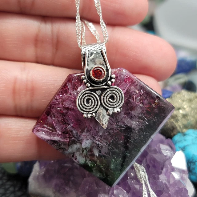 Solar Drusy Quartz, Red Garnet 925 Sterling Silver Pendant 1.75" Chain 20"