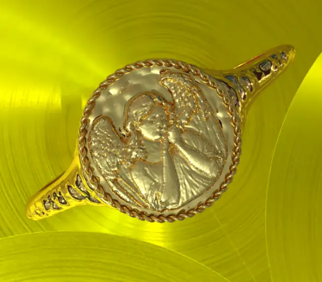 Solid 10K Yellow Gold  Guardian Angel  Amulet Religious Signet Ring
