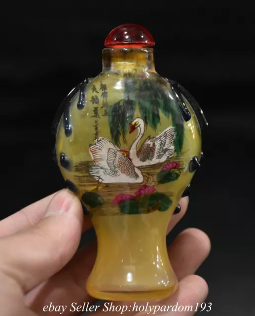 3.6" Old Chinese Glass Inner Painting Mandarin duck Snuff box Snuff bottle