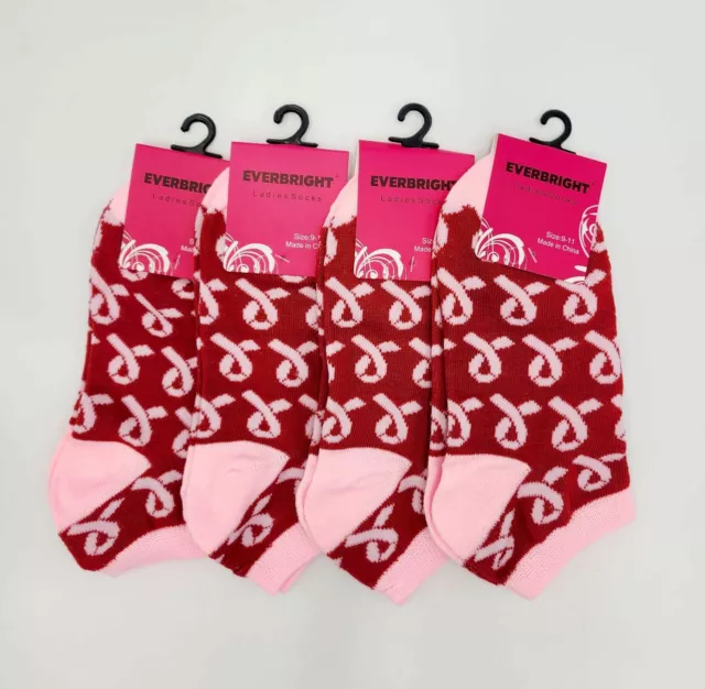 Everbright Women Pink Ribbon Breast Cancer Low Cut Socks 4Pair Scarlet  Sz 9-11 2