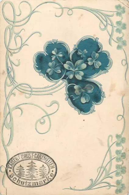 Embossed luck shamrock art nouveau 1900s greetings postcard