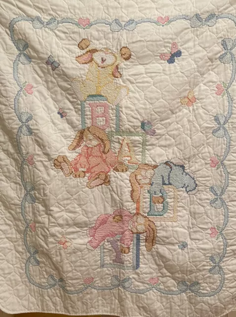 Vintage Handmade Blanket Embroidered Cross-Stitch Baby Crib Quilt Bunnies