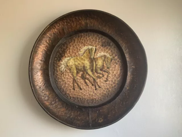 Vintage Hand Hammered And Painted Copper Wall Plaque Beautiful Horse Painting