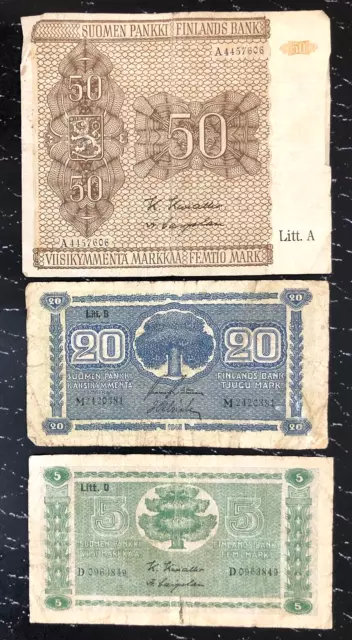 *Rare* 1945 Finland - Set Of 3 Notes - 50, 20, 5 Markka - F+