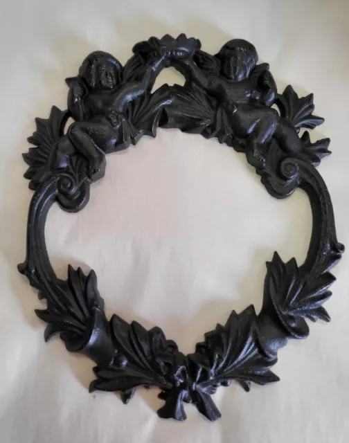 Cast Iron Wall Wreath Hanging Black Cherub Angel Architectural