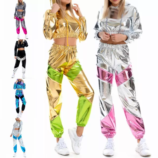 Women Hooded Hip Hop Outfit Long Sleeve Pants Set Ladies Retro 2Pcs Crop Top