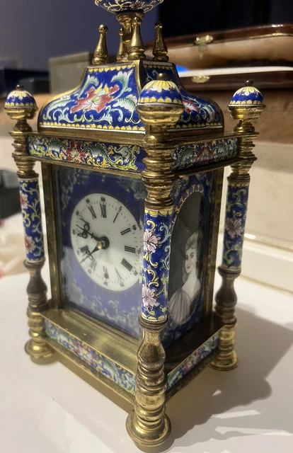 Reloj Cloisonné Decorado a Mano, Cerámica Ed Latón Antigua Raro Funciona