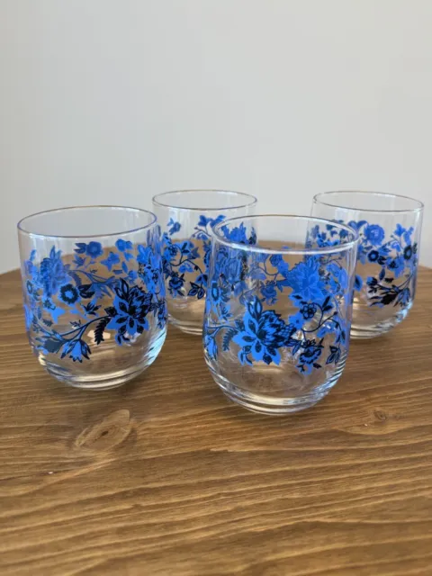 Royal Norfolk Cobalt Blue Floral Set of 4 Glass Tumblers - New