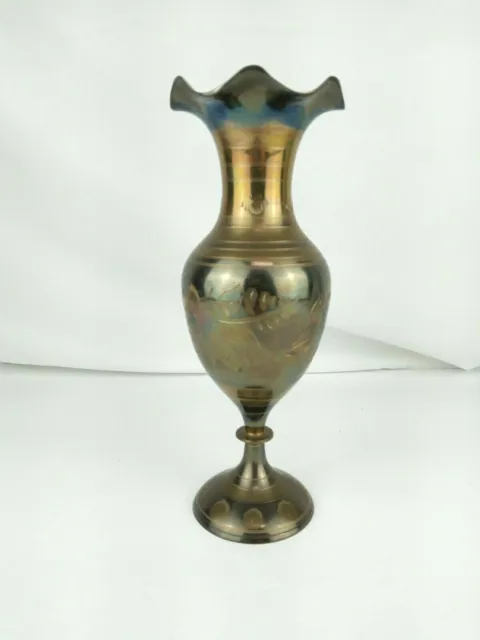 Vintage Etched Solid Brass and Black Vase Ornate Floral Pattern India