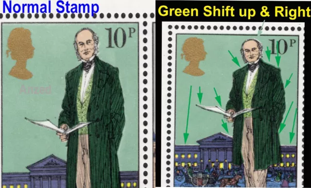 GB Errors: Green & Brown shift 10p & 13p stamps MS1099 Rowland Hill 1979-yz6840A