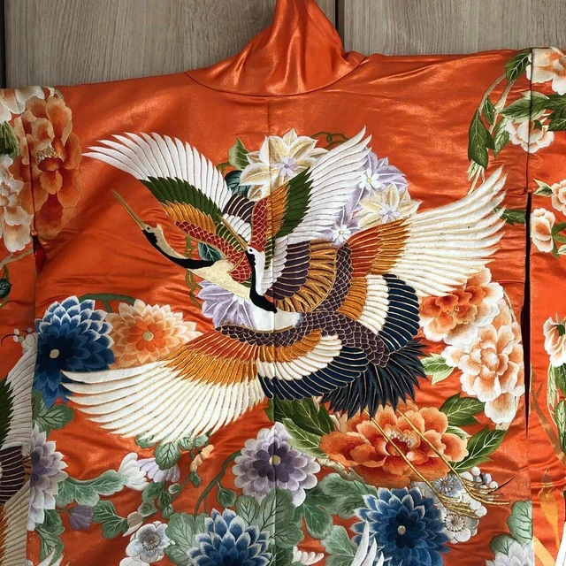 Japanese Kimono Robe Uchikake Dress Flying Crane Gold Orange Jacket Cosplay Silk