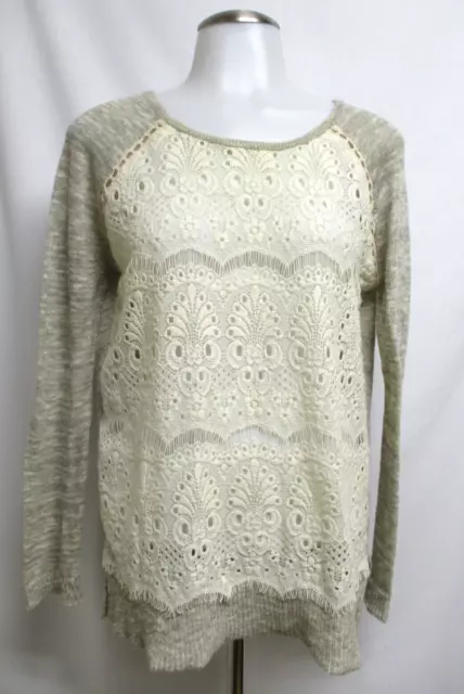 MYSTREE gray gold metallic knit ivory lace front long sleeve pullover sweater  L