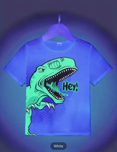 Kids Glow In The Dark Dinosaur Short Sleeve White T-Shirt