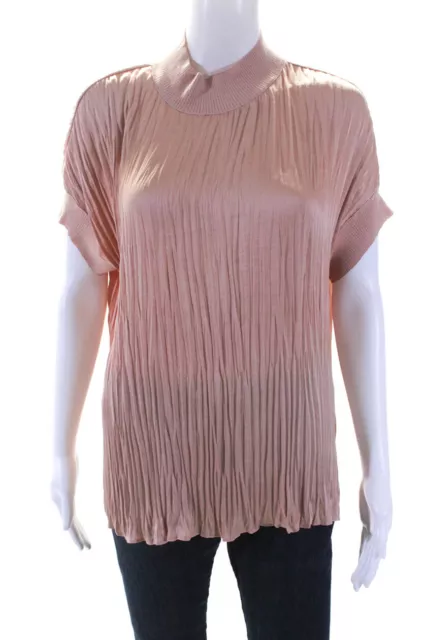 Vince Womens Pleated Satin Sleeveless Mock Neck Blouse Top Mauve Size L