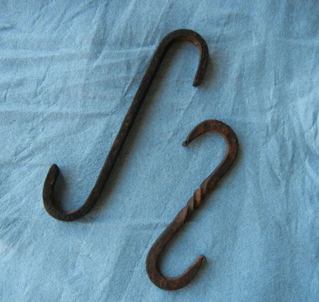 2 Antique HOOKs Fireplace Meat, Etc. Hand-Forged Wrought Iron Lot Blacksmith