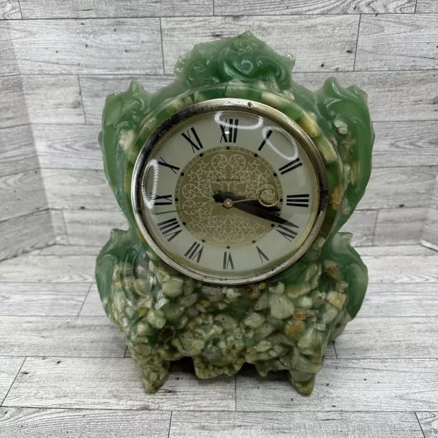 Vintage Lanshire Resin Green w/ Stone Mantle Classic Vomit Clock Working Look**