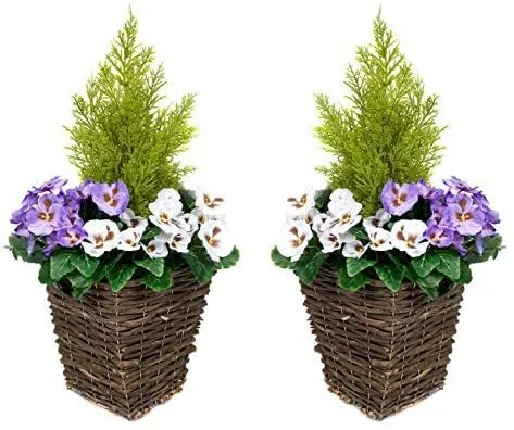 GreenBrokers Purple White 2 X Artificial Patio Planter Pansies Conifer Cedar To