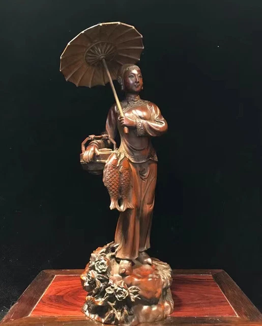 GY059 - 23 X 9 X 6 CM  Boxwood Carving Figurine Statue : Woman Going Home