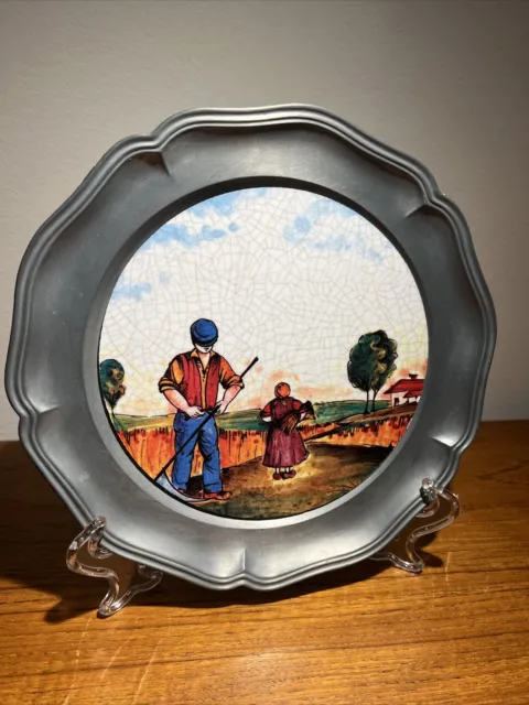 Vintage German Pewter Plate With Hand Painted Farm Scene 9”