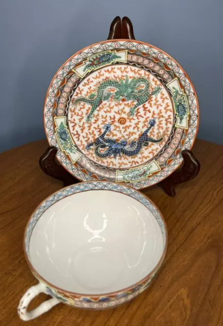Vintage Chinese Porcelain Hand Painted Blue And Green Dragons Cup and Saucer