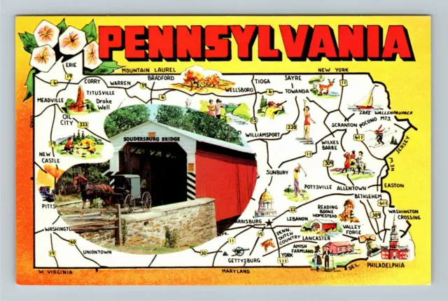 PA- Pennsylvania, Keystone State, Aerial View Map, Vintage Postcard