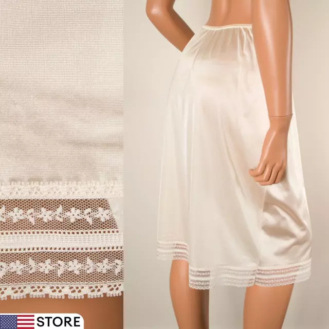 💖VINTAGE 70S WOMEN Size M Ivory Half Slip Skirt Silky Nylon Lace