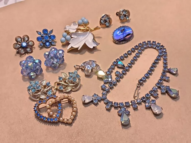 Lot Of Vintage Blue Rhinestone Glass AB Costume Jewelry-Sterling Butterfly Wing