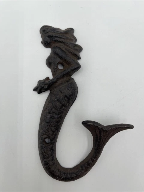 Mermaid Hook Posed Wall Beach Towel Coat Nautical Rustic Cast Iron Hanger (N)