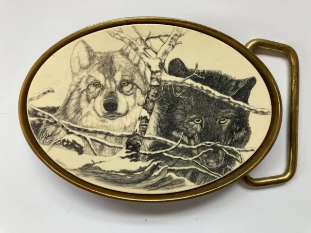 Barlow vintage belt buckle solid brass wolf wolves etching oval black etched