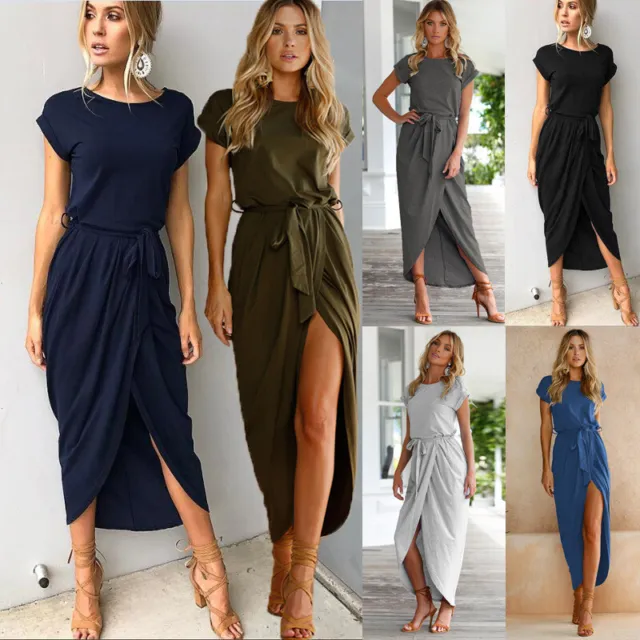 Women Summer Sleeveless Split Long Dress Ladies Short Sleeve Party Maxi Dress UK