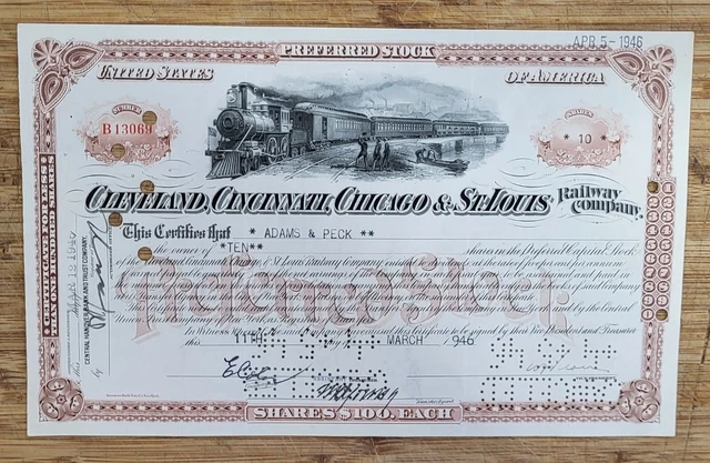 Stock Certificate Cleveland Cincinnati Chicago St Louis Railroad
