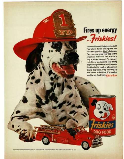 1962 FRISKIES Dog Food Dalmatian wearing fire hat Fire Truck Vintage Print Ad