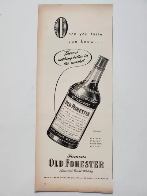 Old Forester Kentucky Straight Bourbon Whiskey Bottle 1942 Vintage Print Ad