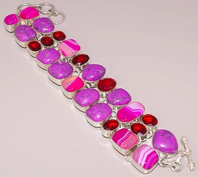 Natural Pink Botswana Agate Purple Turquoise 925 STERLING SILVER PLATED BRACELET