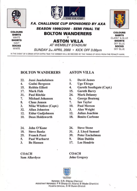 Teamsheet - Bolton Wanderers v Aston Villa 1999/2000 FA Cup Semi-Final