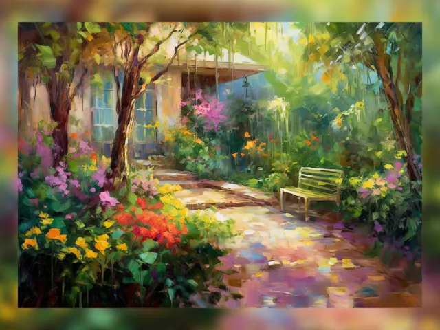 Serene Garden with Bench Oil Painting Print - Peaceful Art Decor 5" x 7"