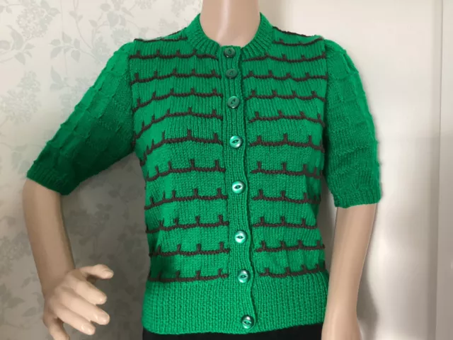 Hand Knitted Lady's 1940s 1950s Vintage Style Cardigan - 36” Emerald Green/Brown