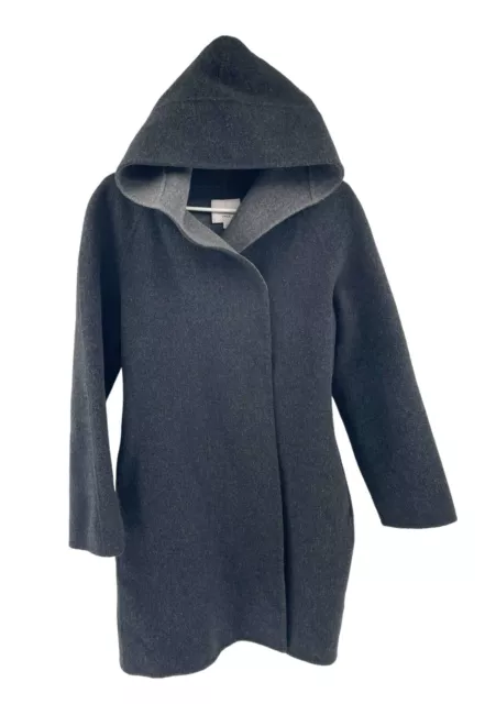VINCE Draped Hooded Wool Coat Women's Size M Double Face Open Front Gray 2