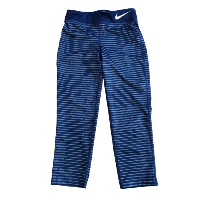 Nike Girls Tight Dri Fit Leggings 3/4 Pants Blue L Large New Indigo Force Stripe