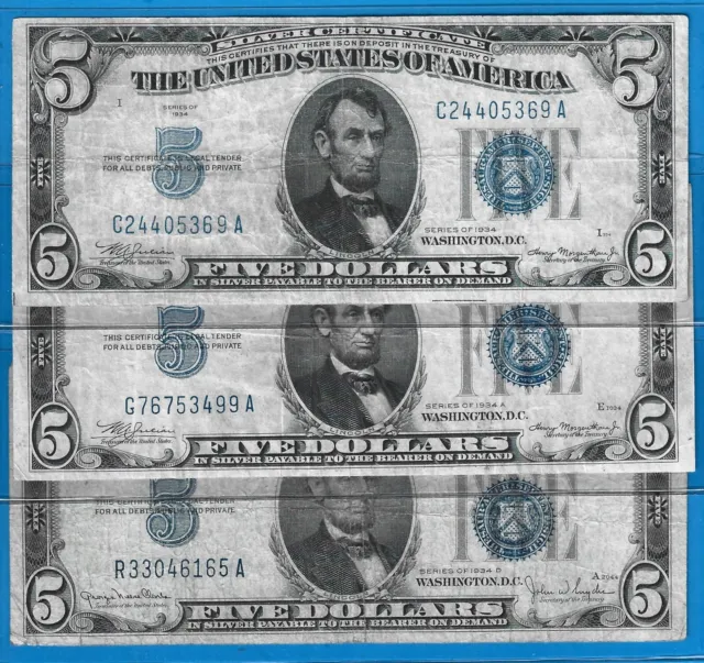 1934/34A/34D $5 Silver Certificate,3) Notes,Blue Seal,Circ F/VF,Nice!