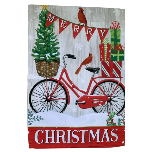 Merry Christmas Bike Garden Flag 12” x 18”, Double Sided, Presents, Red Bike