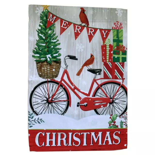 Merry Christmas Bike Garden Flag 12” x 18”, Double Sided, Presents, Red Bike