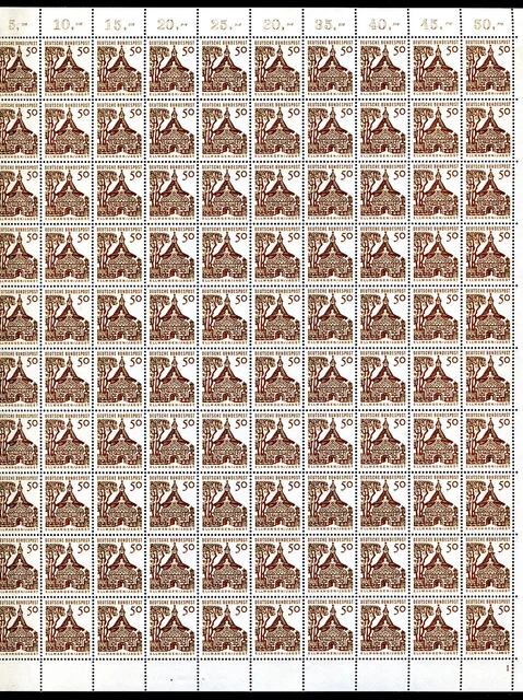 1964 Mi.Nr. 458 Bauwerke 50 Pf. Bund Schlosstor ELLWANGEN kopl. Bogen F-Nr. 1
