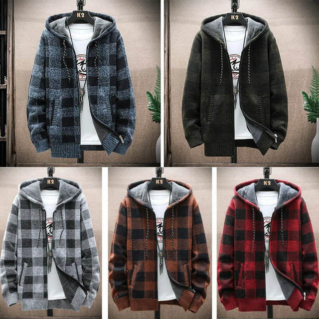 Mens Plaid Jackets Thicken Fleece Cardigan Coat Zip Sweater Casual Jumper Warm