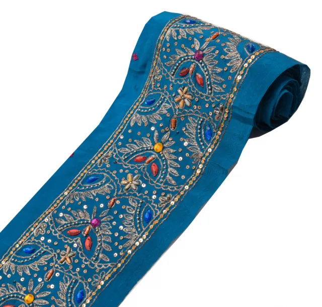 Sushila Vintage Blue Saree Border Indian Craft Sewing Trim Hand Beaded Ribbon