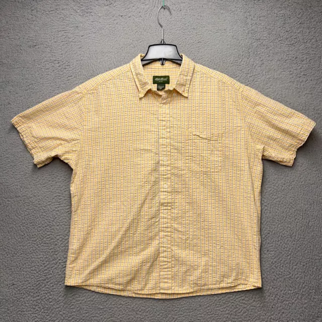 Eddie Bauer Shirt Mens XL Yellow White Plaid Seersucker Outdoor Hiking Wicking