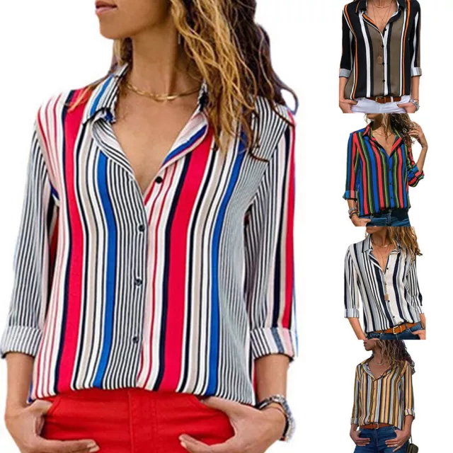 Womens Chiffon Striped Shirts Tops Ladies Long Sleeve Button Blouse T Shirt US