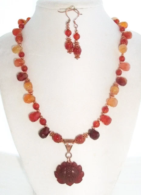 Carnelian Agate Carved Rose Pendant Carnelian Agate Beads Necklace Earrings Set