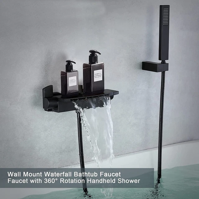 Black Bathroom Faucet Wall Mount Tub Faucet Waterfall Tub Filler w/Hand Shower