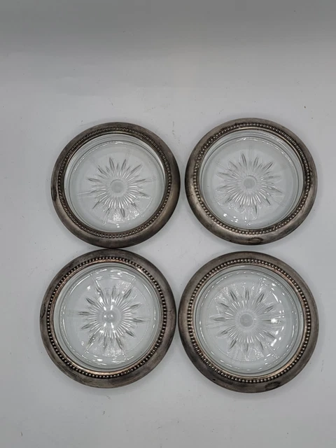 Vintage Nes Blackington Silverplate And Cut Glass Beverage Coasters Set of 4